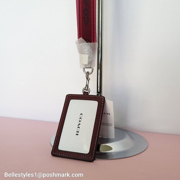 COACH Lanyard ID Pebbled Leather w Webbing Strap- Wine multi⭐ - Picture 4 of 14